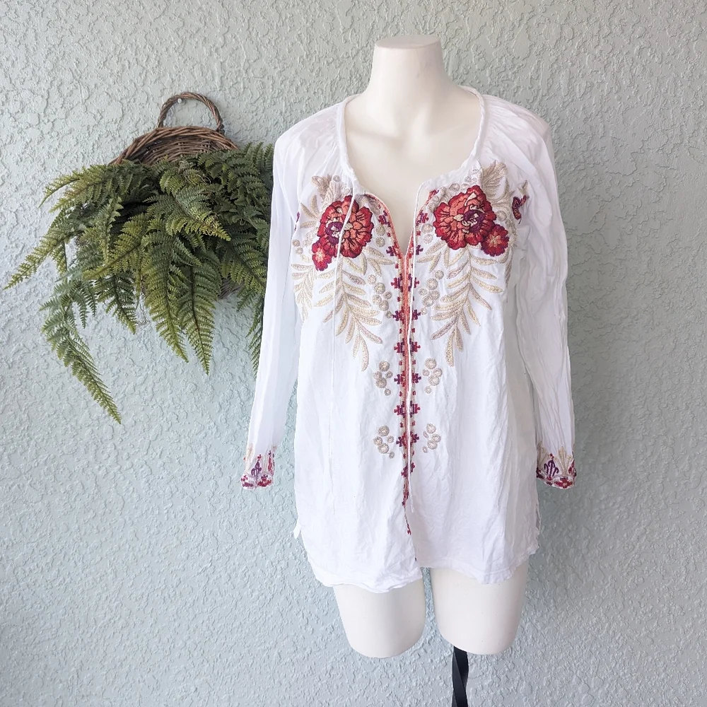 Johnny Was Maya Peasant Blouse Embroidered Floral‎ White 3/4 Sleeve Sz m